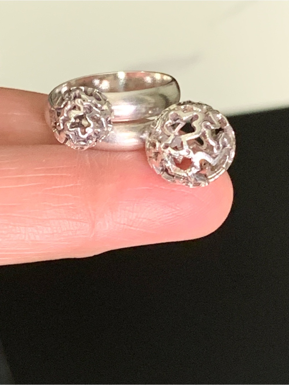 VTG 925 Sterling Silver Filigree Double Sphere Ring - Adjustable Statement Ring